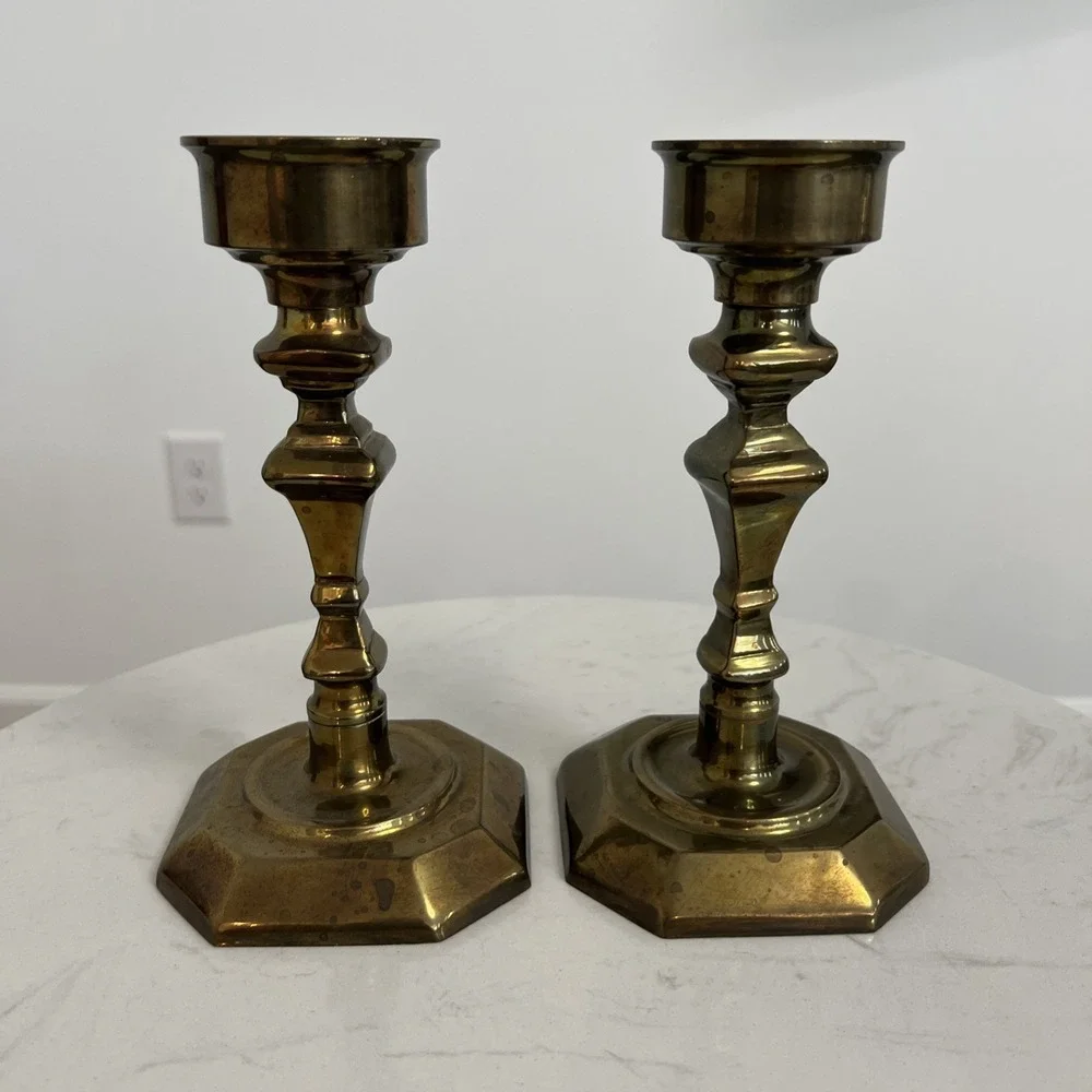 Vtg Solid Brass Candlestick Holders Pair Mantel Farmhouse Colonial Style Decor‎